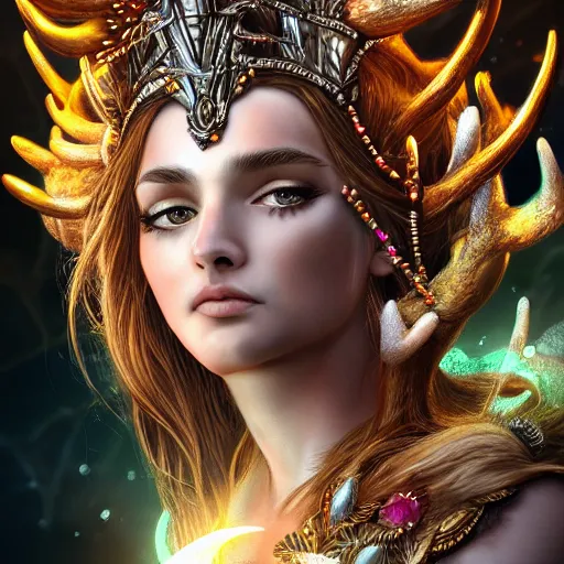 Image similar to highly detailed close up portrait of Artemis, goddess of the hunt and the moon, wearing a crown made of antlers, cinematic lightning, bright colors, intricate, masterpiece, photorealistic, hiperrealistic, sharp focus, high contrast, Artstation HQ, DeviantArt trending, 4k UHD, Unreal Engine 5