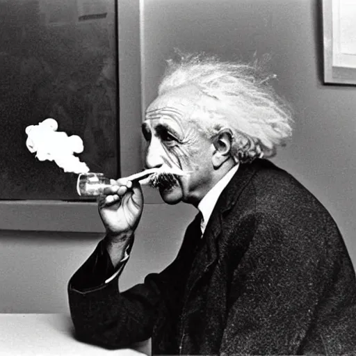 Image similar to robert frank photograph of albert einstein smoking a bong