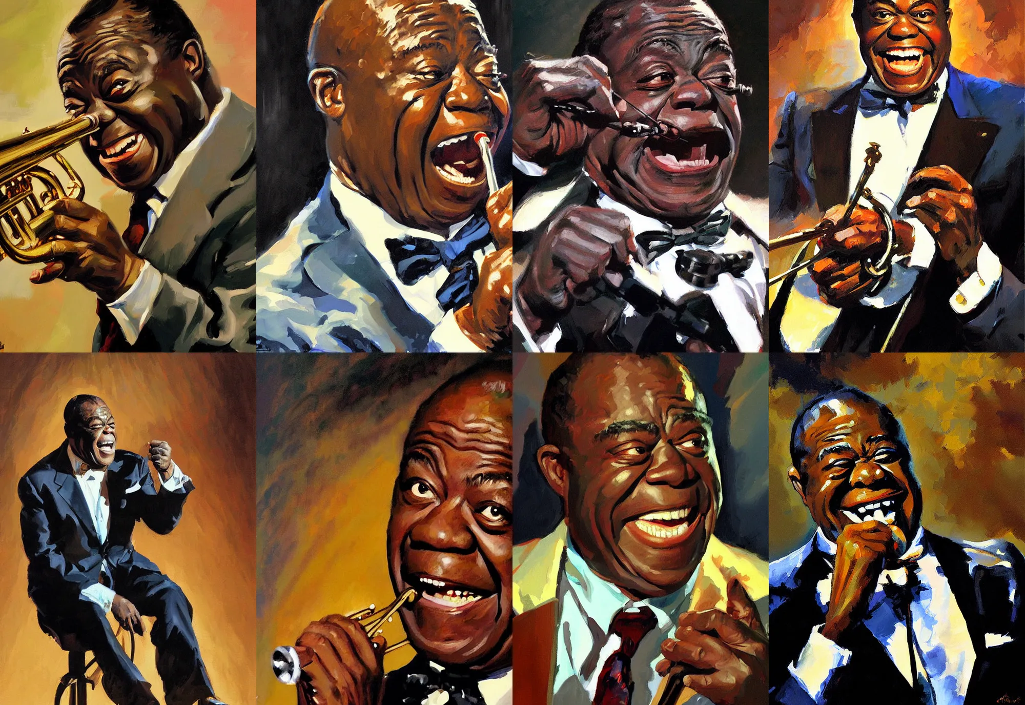 Prompt: a portrait of louis armstrong telling a joke, by greg manchess, dramatic lighting, highly detailed digital painting