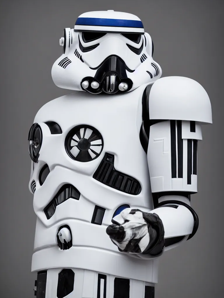 Image similar to “studio portrait photographer of a stormtrooper mixed with R2-D2, studio lighting, high quality, Star Wars, action pose”