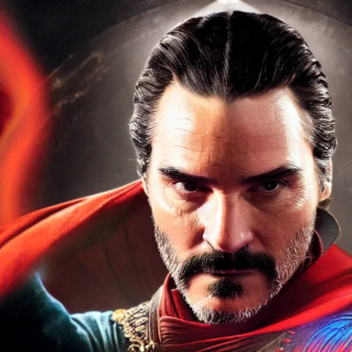 Image similar to A still of Joaquin Phoenix as Dr. Strange. Extremely detailed. Beautiful. 4K. Award winning.