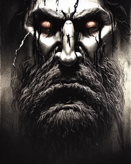 Image similar to reinhardt from overwatch, beard, slash scar through eye, character portrait, portrait, close up, concept art, intricate details, highly detailed, horror poster, horror, vintage horror art, realistic, terrifying, in the style of michael whelan, beksinski, and gustave dore