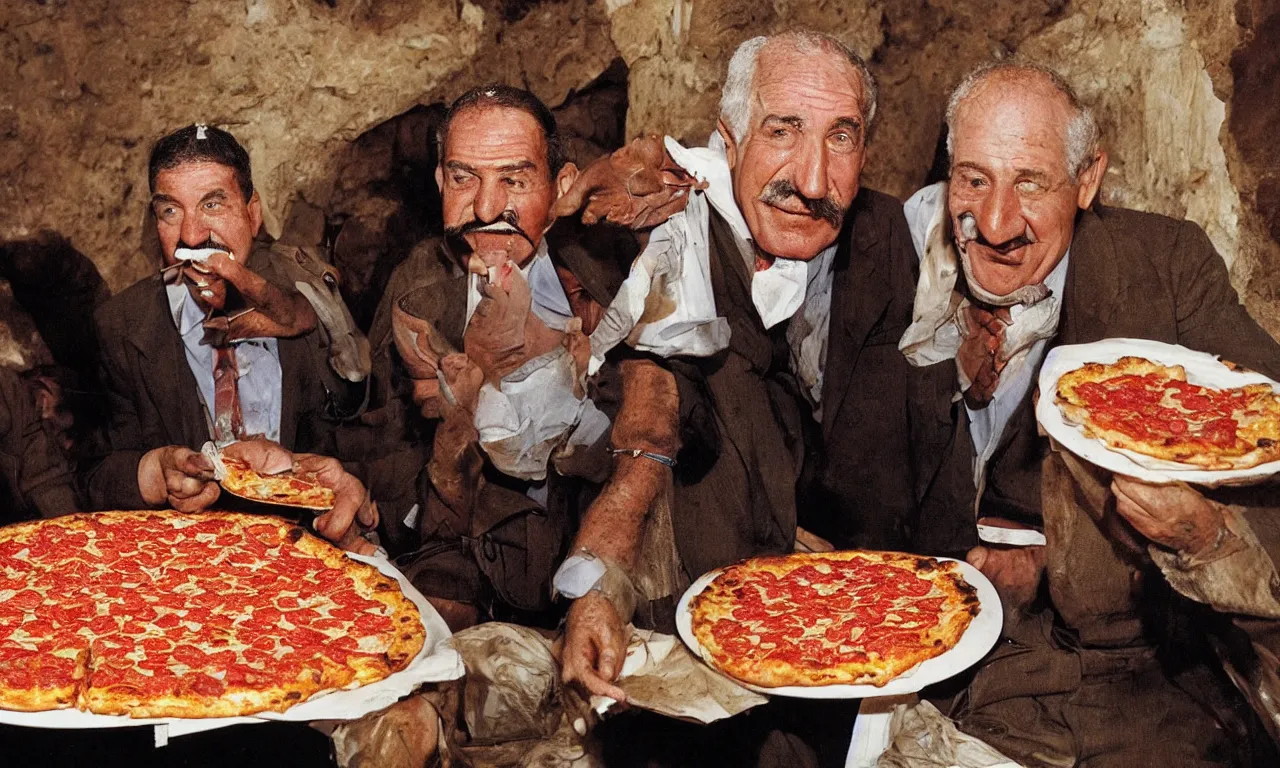 Image similar to Egyptologist Howard Carter excited to discover Pepperoni Pizza in Tutankhamun's tomb, Photorealistic, Photographic, Colorized