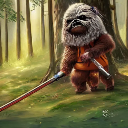 Image similar to a hard working ewok cleaning the forest floor with a vacuum, artstation, colorful