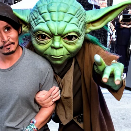 Prompt: Yoda hanging out with Johnny Depp