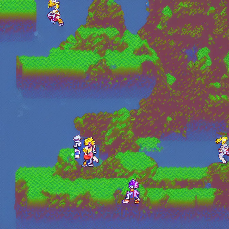 Image similar to screenshot from chrono trigger, pixel art of a dramatically lit night time scene of two colorful hikers wearing headphones and backpacks dancing quietly on a low rocky outcrop overlooking a wavy sea