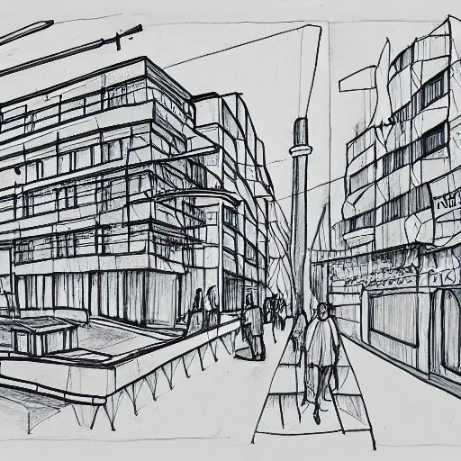 Prompt: drawing of a street in tel aviv with bauhaus buildings in a junction. art. partially painted. highly detailed. pen drawing