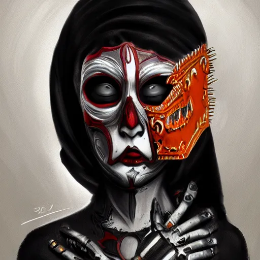 Prompt: Female death with a mask in her hands, kodachrome, high contrast, highly detailed, sharp focus, digital painting, concept art, illustration, trending on artstation,