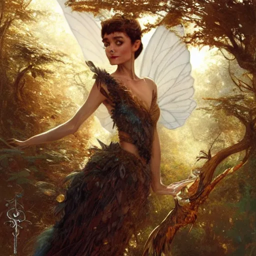 Prompt: audrey hepburn as a winged fairy in a fantasy forest, various backgrounds, highly detailed, digital painting, artstation, matte, illustration, art by gaston bussiere, artgerm, greg rutkowski, tom bagshaw