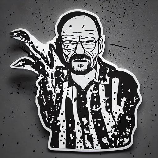 Prompt: die cut sticker, walter white in techwear, breakdancing, splatter paint