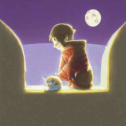 Image similar to A boy with his cat sitting in a window praying at the moon, concept art by Marc Simonetti and illustration by Maurice Sendak