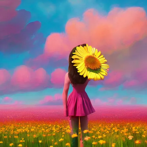 Prompt: giant daisy flower as head, full body girl standing in a flower field, surreal photography, sunrise, dramatic light, impressionist painting, colorful clouds in sky, digital painting, artstation, simon stalenhag