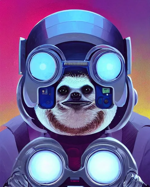 Image similar to silly sloth as future coder man looking on, sleek cyclops display over eyes and sleek bright headphoneset, neon accent lights, holographic colors, desaturated headshot portrait digital painting by dean cornwall, rhads, john berkey, tom whalen, alex grey, alphonse mucha, donoto giancola, astronaut cyberpunk electric