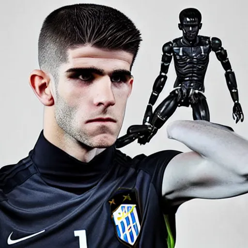 Image similar to “a realistic detailed photo of a guy who is an attractive humanoid who is half robot and half humanoid, who is a male android, Christian Pulisic, shiny skin, posing like a statue, blank stare, on display”