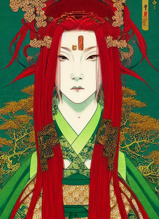 Image similar to a beautiful ukiyo - e portrait of a beautiful cyberpunk elven queen with long red hair, wearing green, red and gold ornate dress, golden intricate crown. detailed symmetrical close up portrait, intricate complexity, concept art, by takato yamamoto, wlop, krenz cushart. cinematic dramatic atmosphere, sharp focus