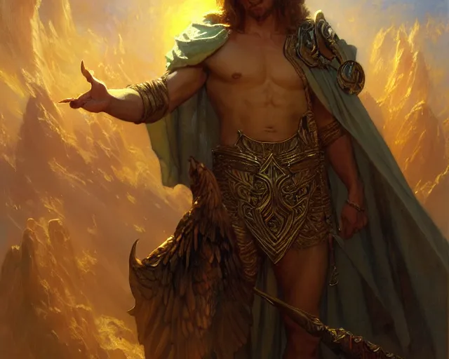 Image similar to attractive pagan male deity, casting magic, summoning handsome lucifer morning star. highly detailed painting by gaston bussiere, craig mullins, j. c. leyendecker 8 k