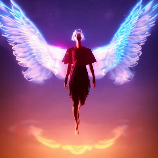 Prompt: celestial angel of light in the sky with clouds, psychedelic clouds, hallucination, night sky ; 8 k, artstation, unreal engine, octane render, hdr, surrealistic, hyperrealism, glow, photorealistic, volumetric lighting, dreamy, dynamic, mystical