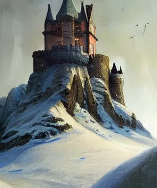 Image similar to a painting of a castle in the middle of a snowy mountain, a detailed matte painting by andreas rocha and greg rutkowski, featured on artstation, fantasy art, matte drawing, matte painting, artstation hq