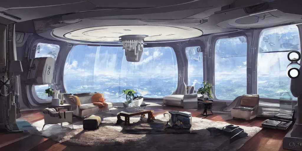 Image similar to a luxury living quarters living room in the 23rd century with a view from a singular window 10km high in space elevator, low contrast, ivan laliashvili, Studio Ghibli and Shinkai Makoto, D render
