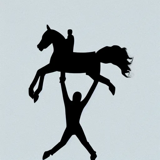 Image similar to an astronaut standing on the ground and a small trippy aggressive centaur standing on that poor human being standing on all fours astronaut raising his arms up, really trying to ride it, the horse is on his shoulders and grabbing them, minimalist style, 3 d render, isometry