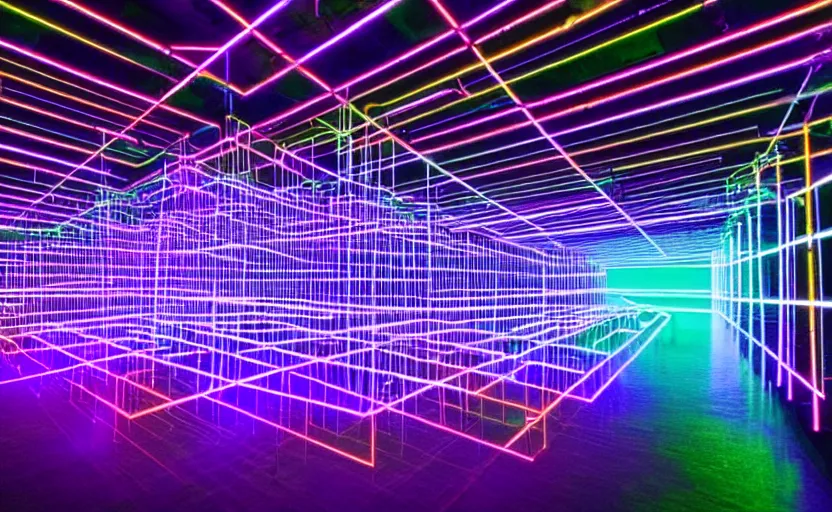 Prompt: a photo of a light installation depicting the inner workings of artificial neural networks | solarpunk, vibrantly lush neon lighting, beautiful volumetric - lighting - style atmosphere