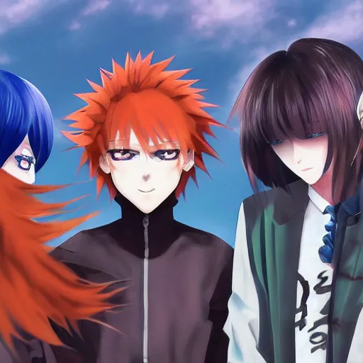 Image similar to orange - haired anime boy, 1 7 - year - old anime boy with wild spiky hair + 1 7 - year - old pale - skinned persian girl with black hair long bob cut, long bangs, black gothic jacket, ultra - realistic, sharp details, subsurface scattering, blue sunshine, intricate details, hd anime, 2 0 1 9 anime