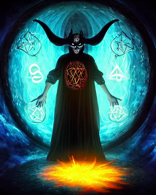 Prompt: photorealistic digital painting of floating mage summoning a demon in the middle of dark room, demon is emerging from a fiery portal with glowing runes, vibrant colors, gothic, horror, high production value, intricate details, high resolution, hdr, high definition, masterpiece, realistic, ultrarealistic, highly detailed, hd, sharp focus, non blurry, sharp, smooth