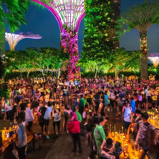 Image similar to large group of people partying at garden by the bay in Singapore, photorealistic, ultra-detailed, high resolution