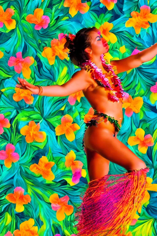 Prompt: abstract photograph of hawaiian hula dancer, beautiful background from hawaii with love, aloha'oe!