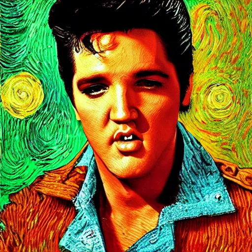 Prompt: an artistic portrait of elvis presley, dreamlike, romantic, high quality, studio photography, colorful, hero, heroic, beautiful, in the style of vincent van gogh