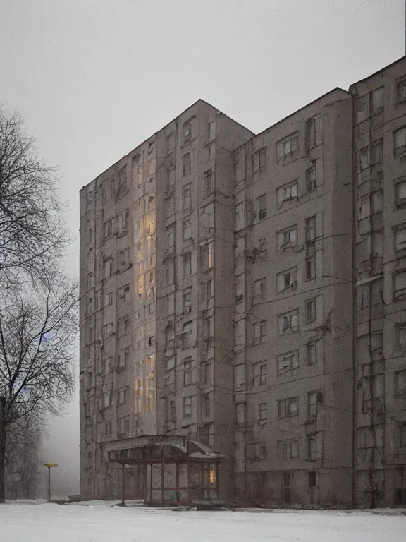 Image similar to film still of low soviet residential building in russian suburbs, lights are on in the windows, deep night, post - soviet courtyard, cozy atmosphere, winter, heavy snowб light fog, street lamps with orange light, several birches nearby, several elderly people stand at the entrance to the building