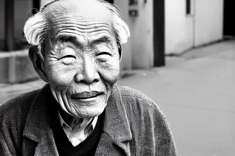 Prompt: still photo of a japanese old man greeting at the camera on the street, black and white color aesthetic, highly detailed, photorealistic portrait, bright studio setting, studio lighting, crisp quality and light reflections, unreal engine 5 quality render