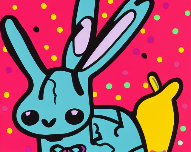 Image similar to a very cute netherland dwarf black bunny, art by romero britto