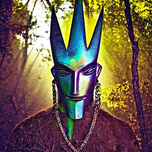 Image similar to wraith pagan wearing iridescent metallic dogon tribal mask standing in a clearing in the deep forest, rays of the sun, caustics, realistic, photography, photojournalism, national geographic photoshoot, inner glow, shimmer, sparkle, smoke, dust