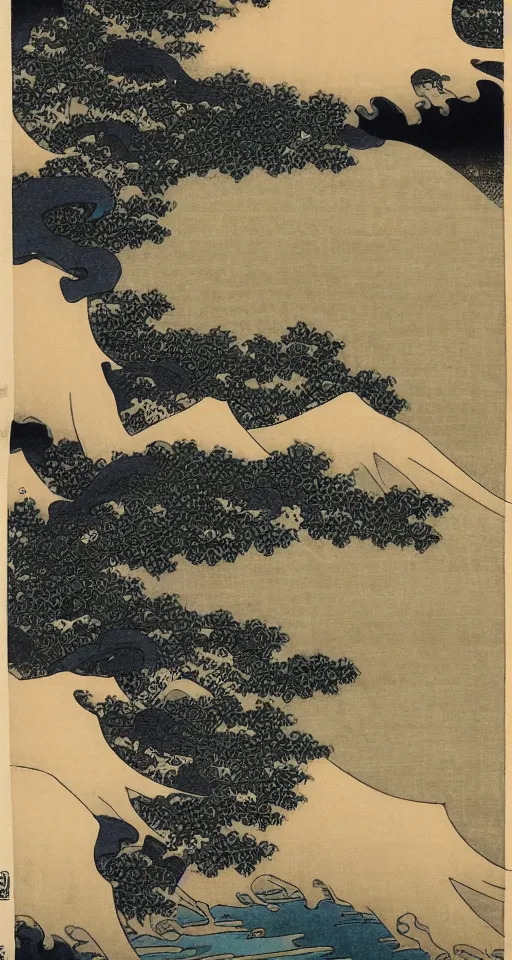 Image similar to hokusai, path of steps leading up to a temple, studio ghibi, japanese style, dreamy, layered, soft, black ink