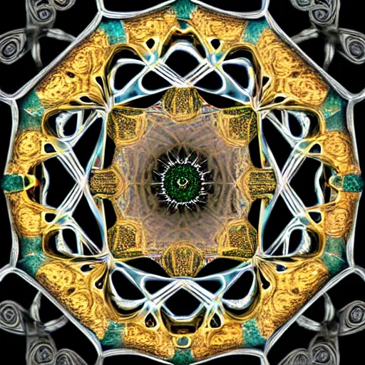 Image similar to twisting three dimensional multilayered pattern vortex inside a hexagonal shape, swirling, intricate detail, complex, jade, gold, silver, obsidian, ornate,