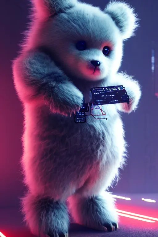 Prompt: high quality 3 d render very cute fluffy cyborg!! bear! plays electric viola, cyberpunk highly detailed, unreal engine cinematic smooth, in the style of blade runner & detective pikachu, hannah yata charlie immer, moody light, low angle, uhd 8 k, sharp focus