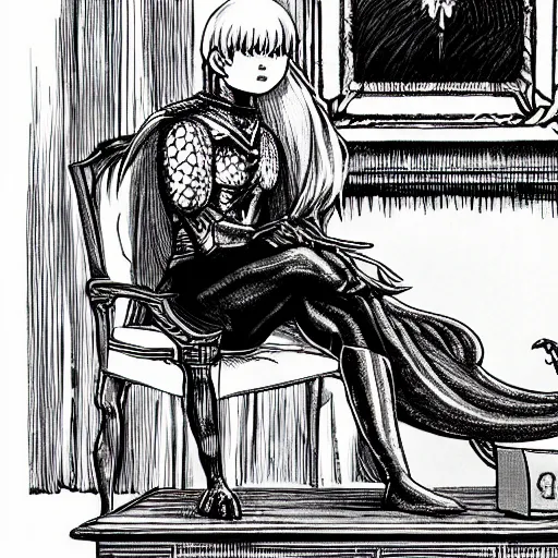 Image similar to griffith from berserk manga by kentaro miura sitting at his white house oval office desk