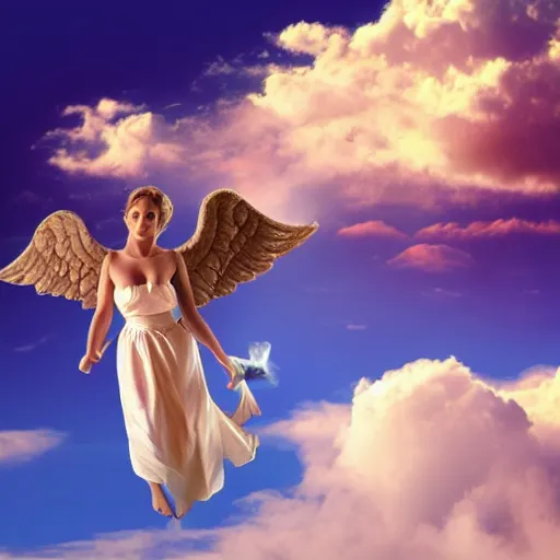 Prompt: A goddess and an angel flying above the clouds