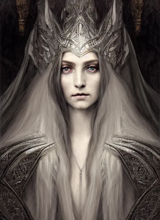 Image similar to immortal majestic elven sorceress wearing a cloak, long beautiful strands of pale white hair, engraving, concept art, elden ring, illustration, smooth, sharp focus, by gustave dore and greg rutkowski, hyper realistic face, piercing beautiful eyes, fantasy art, in the style of midjourney, intricate, alphonse mucha, hyper detailed