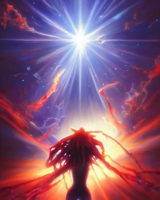 Image similar to neon genesis evangelion, award winning photograph, radiant flares, realism, lens flare, intricate, various refining methods, micro macro autofocus, evil realm magic painting vibes, hyperrealistic painting by michael komarck