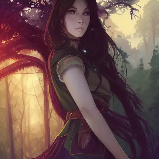 Image similar to portrait of a young beautiful woman with long dark brown hair, green eyes, tan skin, wearing a medieval fantasy outfit, forest landscape, nightime, fantasy, ambient lighting, 4k, anime key visual, charlie bowater, lois van baarle, ilya kuvshinov, rossdraws, artstation