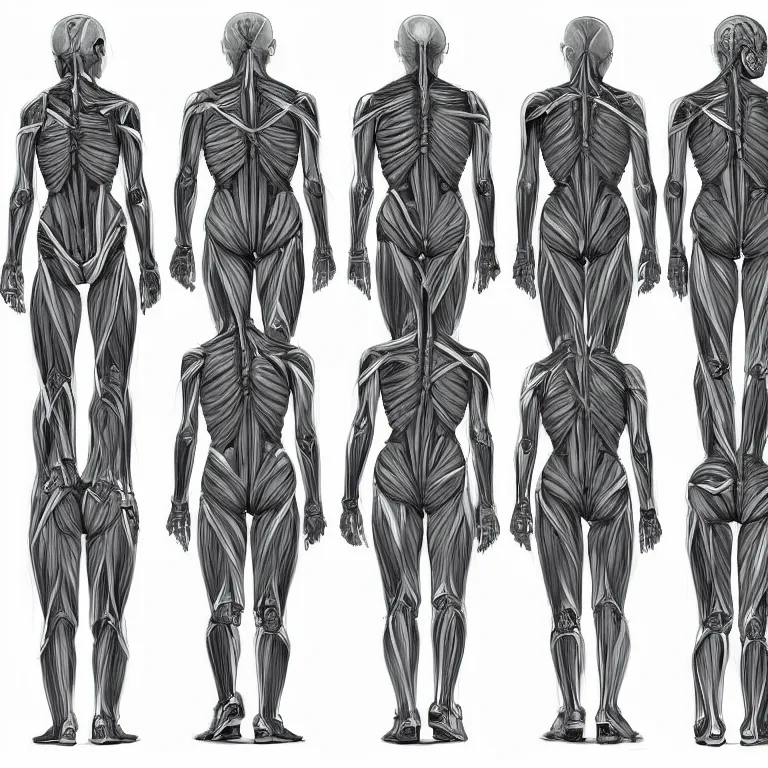 Image similar to symmetry!! human anatomy with cybernetic implants, gun metal grey, mecha, three - perspective / three - view reference sheet ( front / back / side ), muscles reference art, bionic, digital art, in the style of amanda lilleston, luka mivsek, bryan christie, artstation, pinterest, deviantart, photoshop, unreal engine