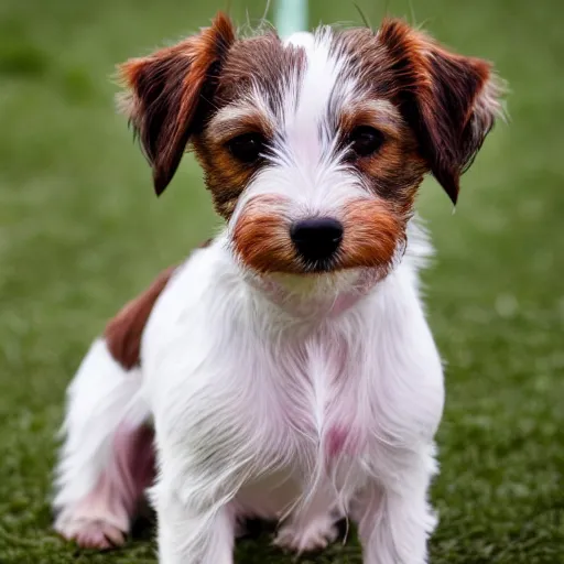 Image similar to a high quality photograph of a scruffy wire haired jack russell terrier puppy, white with chocolate brown spots, brown patches over both eyes. friendly, curious expression.