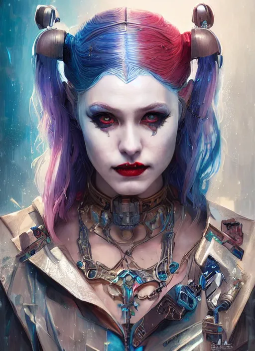 Image similar to a beautiful illustration of cyberpunk elven harley quinn, intricate, sharp focus, illustration, highly detailed, digital painting, concept art, matte, art by wlop and artgerm and greg rutkowski and alphonse mucha, masterpiece