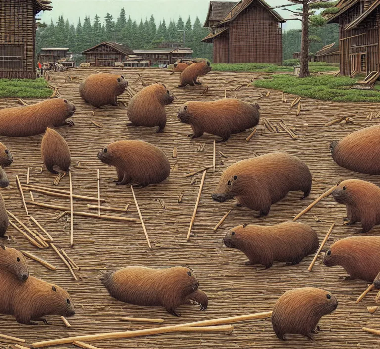 Image similar to photography hyperrealism concept art of highly detailed anthropomorphic beavers builders that building city with sticks by hasui kawase and scott listfield