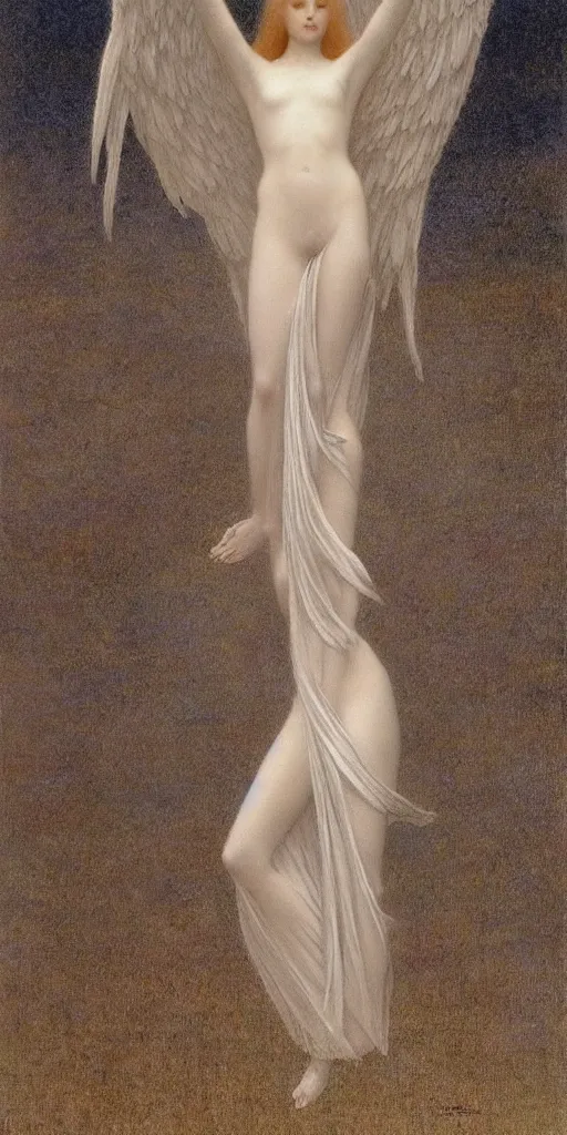 Image similar to Say who is this with silver hair so pale and Wan! and thin? beautiful lone single feminine!! angel in the style of Jean Delville, Lucien Lévy-Dhurmer, Fernand Keller, Fernand Khnopff, oil on canvas, 1896, 4K resolution, aesthetic, mystery