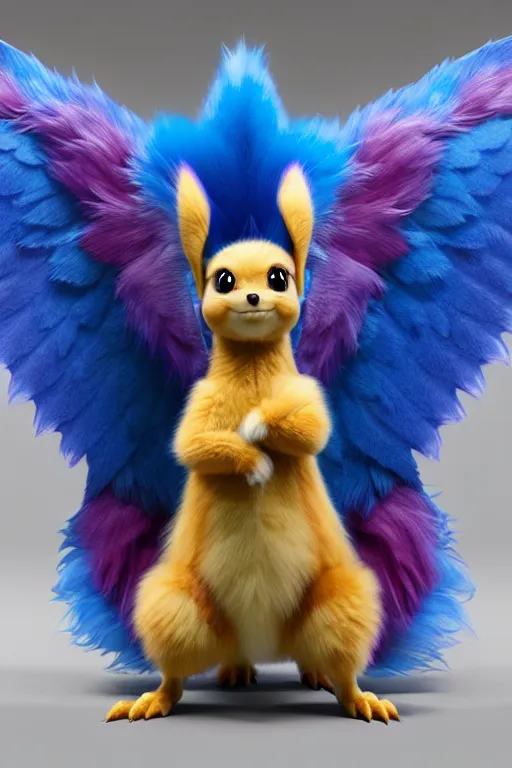 Image similar to high quality 3 d render hyperrealist very cute multicolor stripped fluffy! phoenix chimera hybrid with wings!! highly detailed, vray smooth, in the style of detective pikachu, hannah yata charlie immer, dramatic blue light, low angle, uhd 8 k, sharp focus