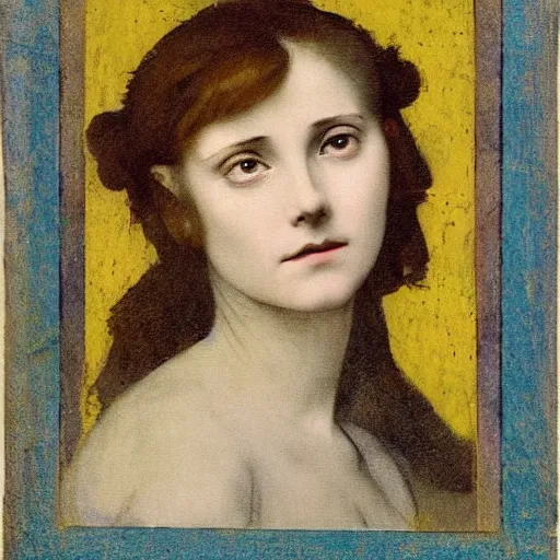 Prompt: portrait of a beautiful young lady with big silver eyes, colored daguerreotype by pontormo, by bosch, by mucha, by Mackintosh, by max ernst, art noveau, liminal, eerie, Bright pastel colors