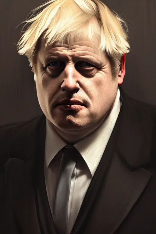 Image similar to Boris Johnson as Vito Corleone, realistic portrait, symmetrical, highly detailed, digital painting, artstation, concept art, smooth, sharp focus, illustration, cinematic lighting, art by artgerm and greg rutkowski and alphonse mucha